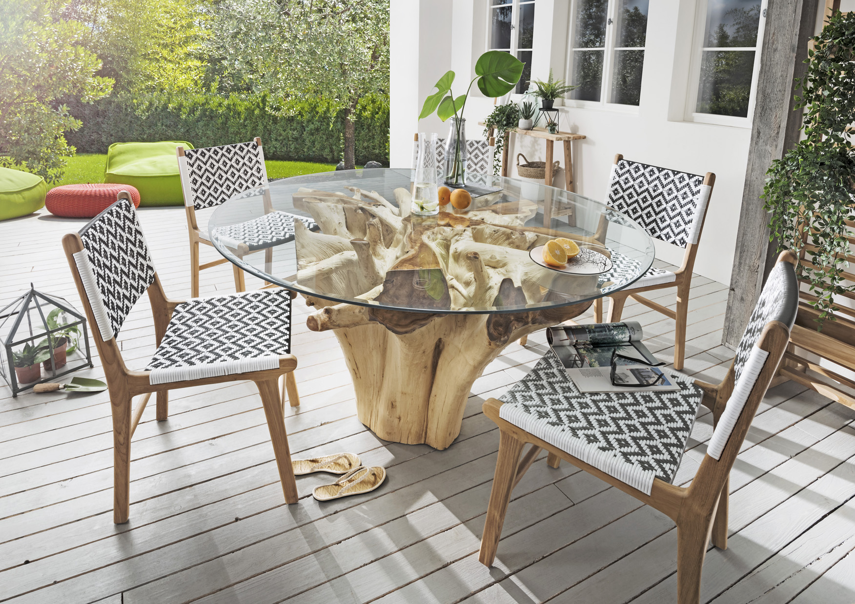 Gartenstuhl CEBU 2 | Teak/Polygeflecht, schwarz/weiß | outdoor-geeignet