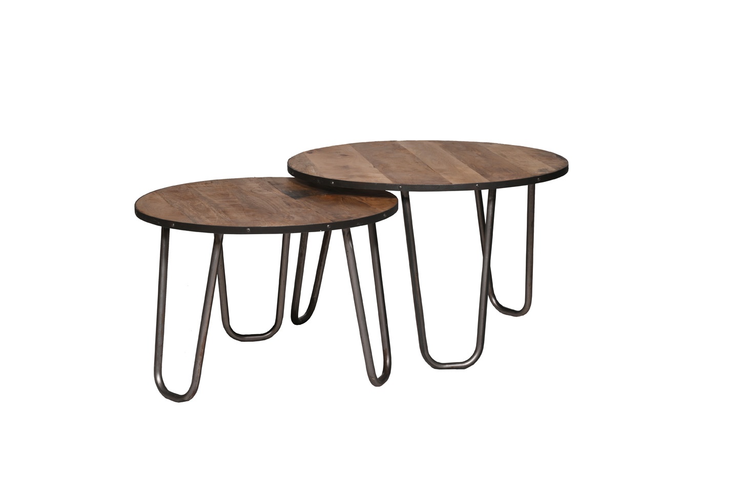 Couchtisch OSLO | 2-er Set | rund 60/70cm | Mangoholz massiv | Metall natur