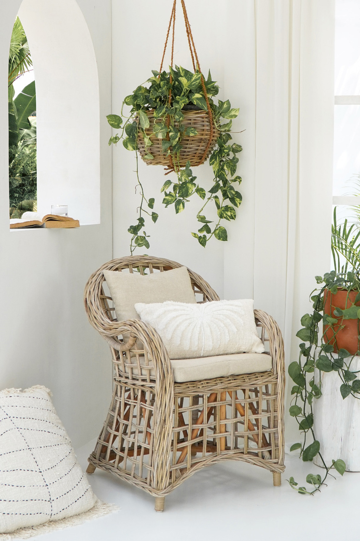Rattan-Sessel DUSA| grau-washed | mit Kissen