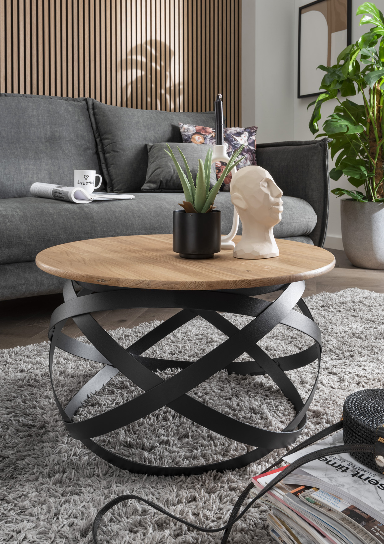 Couchtisch LUCA| rund 70 cm | Wildeiche massiv | Metall schwarz