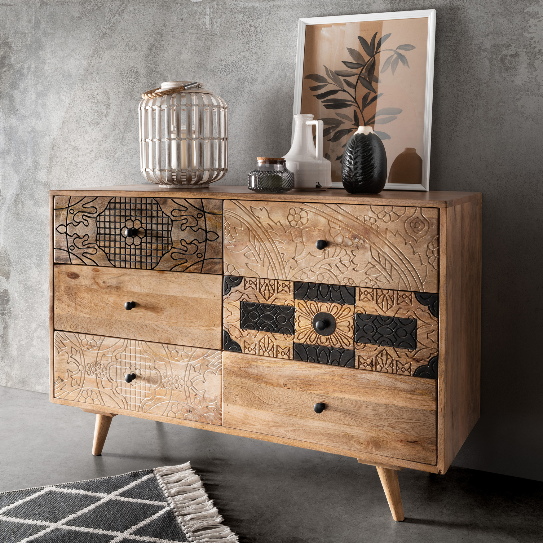 Kommode LYN | Mangoholz/Altholz massiv | 6 Schubladen