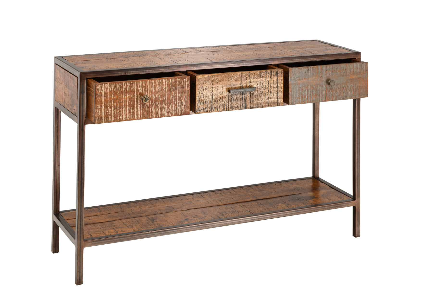 Unikat Konsolentisch PRIYA 2 | massives Altholz recycelt | multifarbig | 3 Schubladen