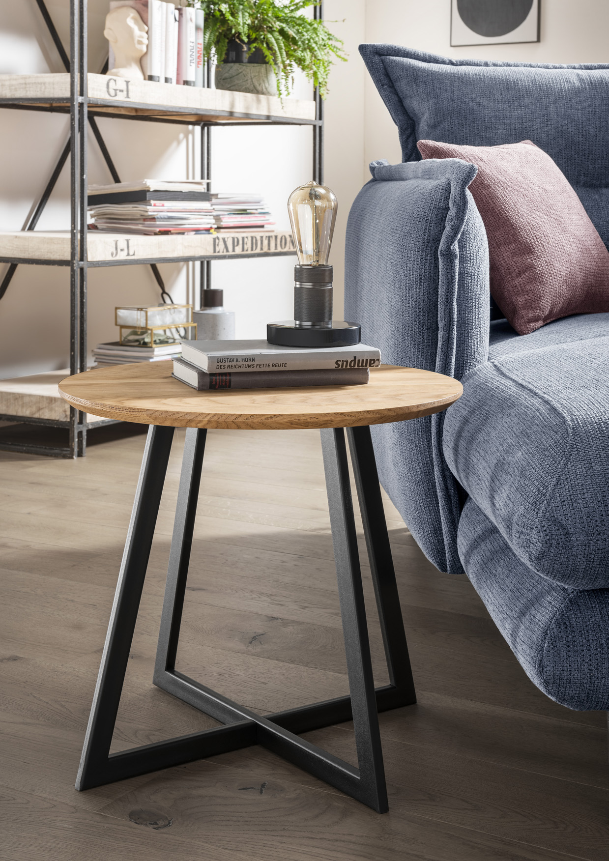 Beistelltisch MIKA | rund 50 cm | Wildeiche massiv | Metall schwarz