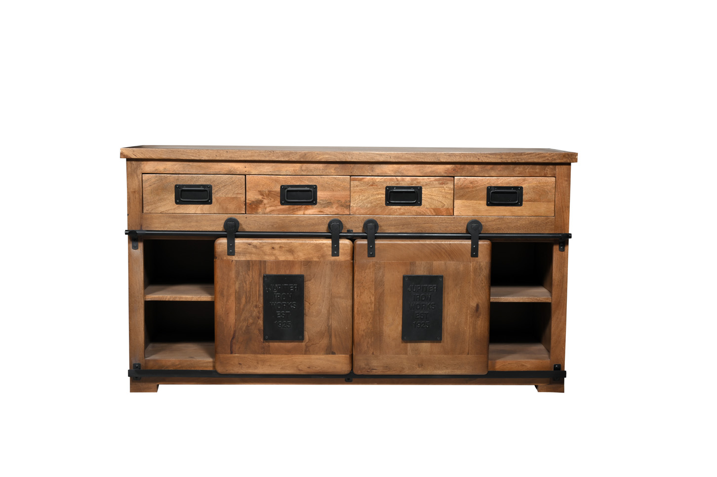 Sideboard MARK Nr.1 | Mango massiv / Metall schwarz | 2 Schiebetüren, 7 Schubladen | 150cm breit