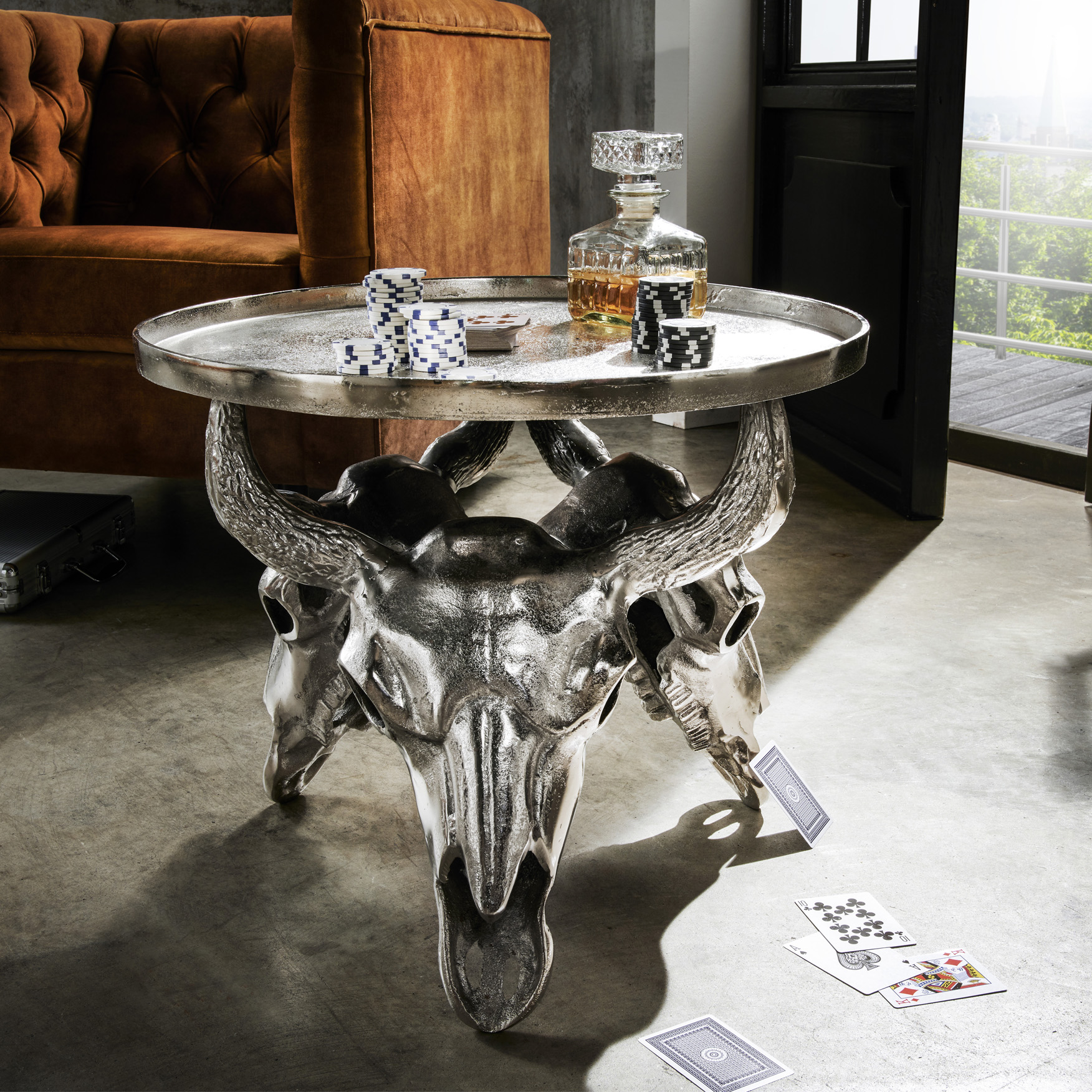 Beistelltisch STIERSCHÄDEL | Metall silber | rund 51 cm