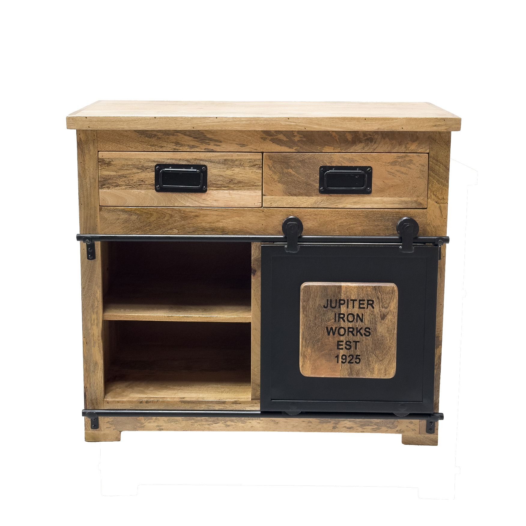 Kommode MARK Nr.2-MT | Mango massiv/Metall schwarz | 1 Schiebetüre, 5 Schubladen | 90 cm breit