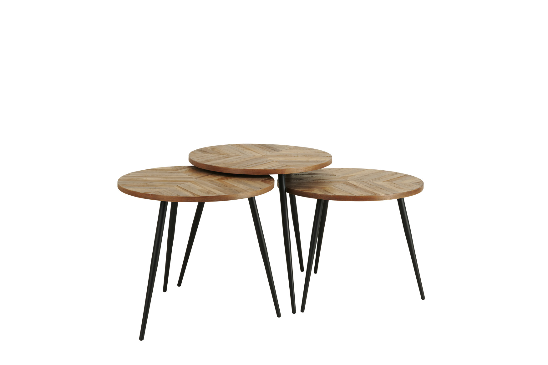 Couchtisch, 3-er Set FAMILY | rund | recyceltes Teak | Vintage weiß | Gestell Metall schwarz