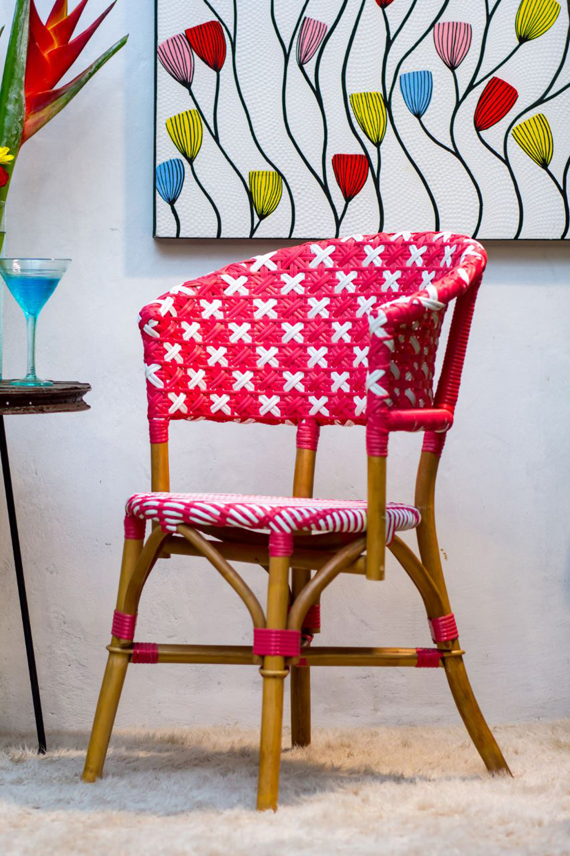 Bistro-Stuhl FASHION | Rattan/Polygeflecht rot/weiß