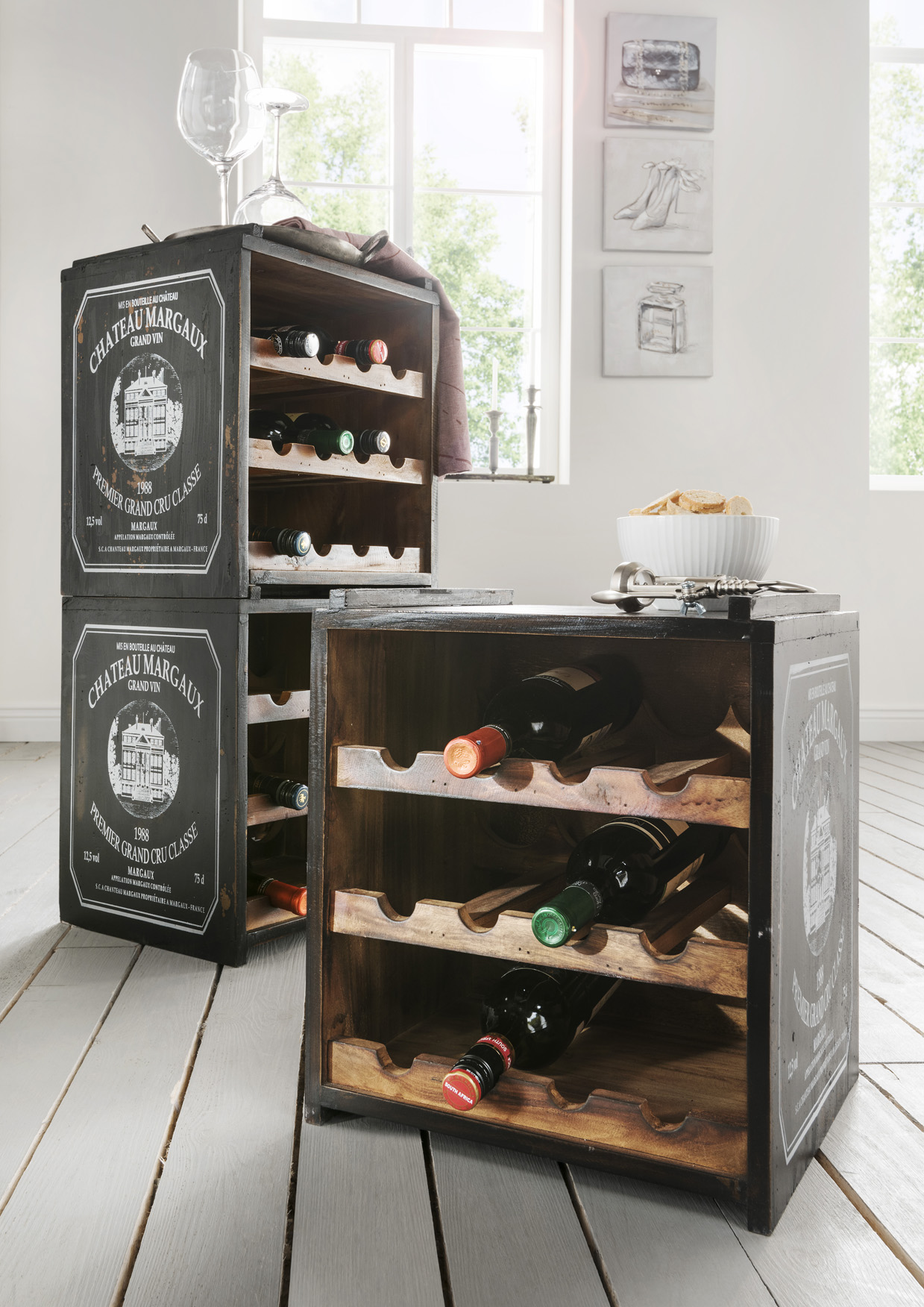 Weinregal stapelbar | VINO | Holz vintage schwarz