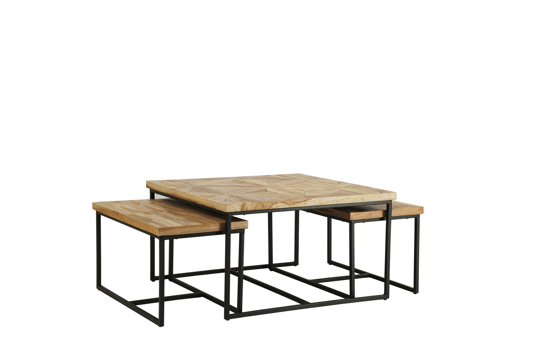 Couchtisch, 3-er Set MOSAIK | eckig | recyceltes Teak | Vintage weiß | Gestell Metall schwarz