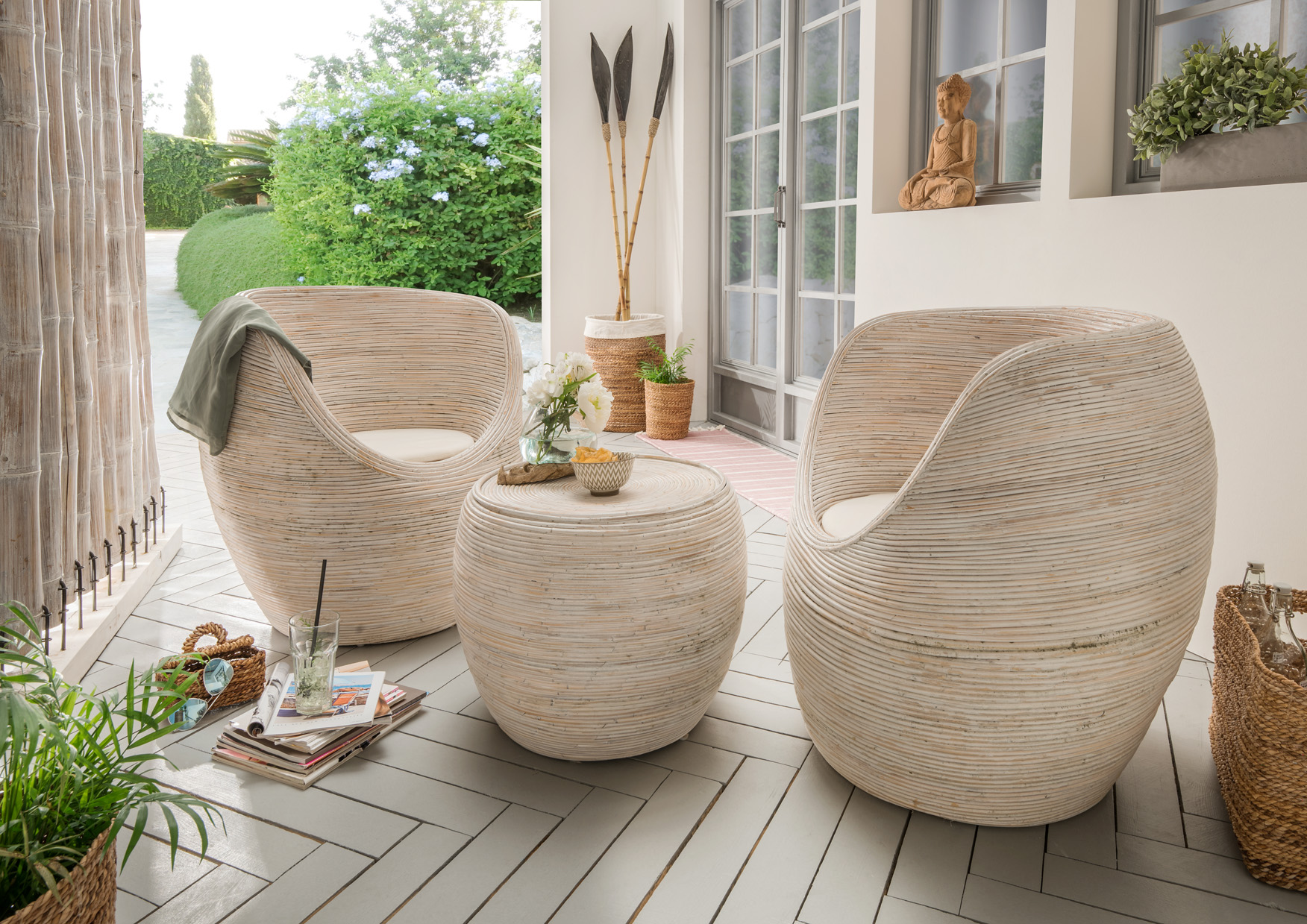 Garten-Sitzgruppe 3-teilig EGG | Rattan white-wash