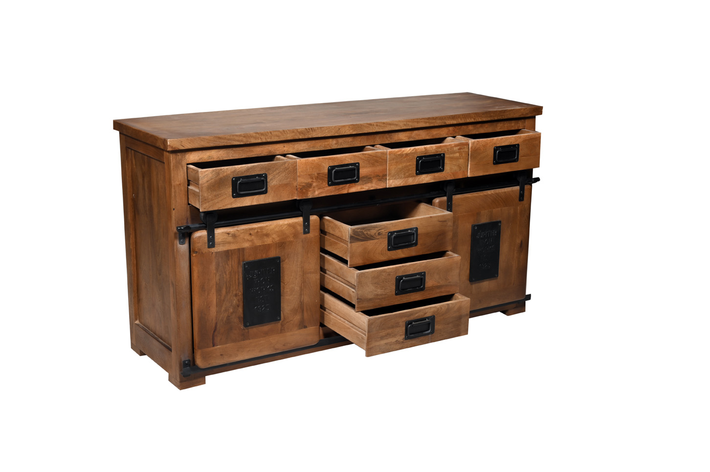 Sideboard MARK Nr.1 | Mango massiv / Metall schwarz | 2 Schiebetüren, 7 Schubladen | 150cm breit