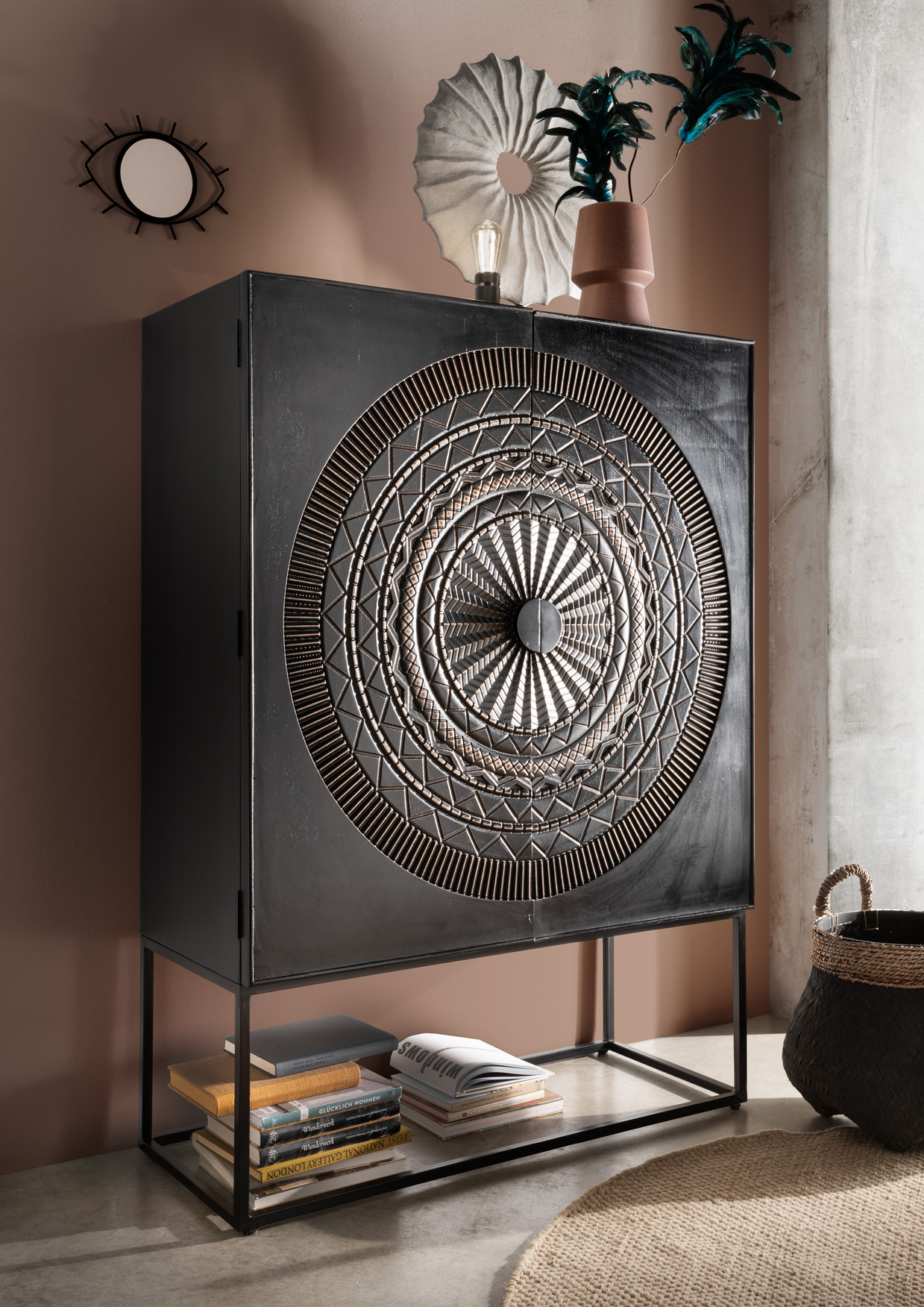 Solitärschrank MAHAL | Mangoholz vintage-schwarz | ca. 116 x 160 cm