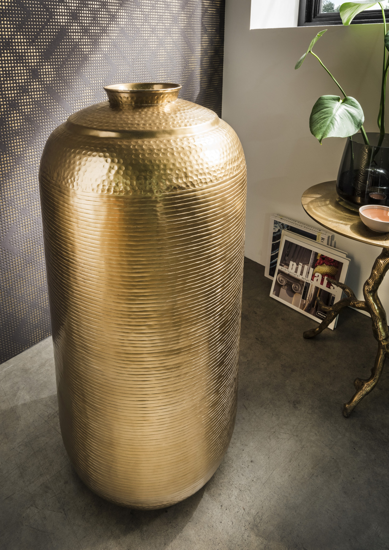 Bodenvase | Aluminium bronzegold | rund 40 cm / 87 cm hoch
