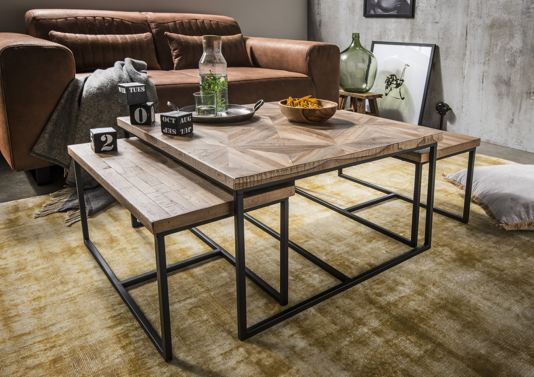 Couchtisch, 3-er Set MOSAIK | eckig | recyceltes Teak | Vintage weiß | Gestell Metall schwarz