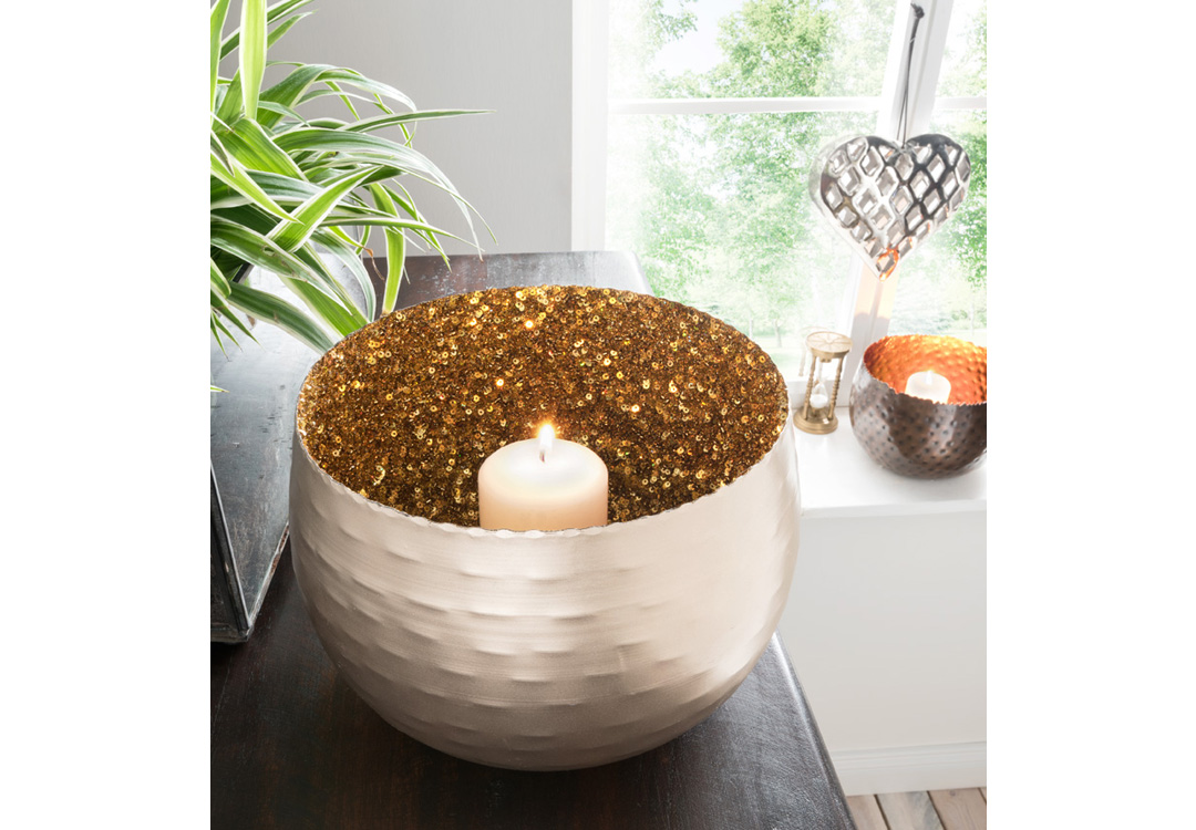 Windlicht MAGIC | Eisen champagnersilber, innen gold/gesplittert |  23 cm / 15 cm hoch