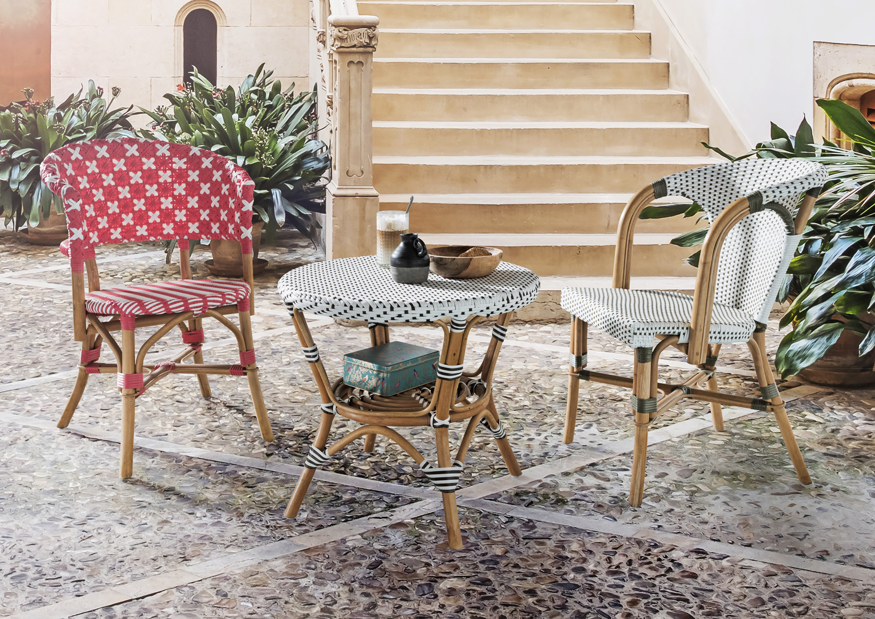 Bistro-Tisch FASHION SMALL | Rattan/Polygeflecht weiß/braun | inkl.Glasplatte