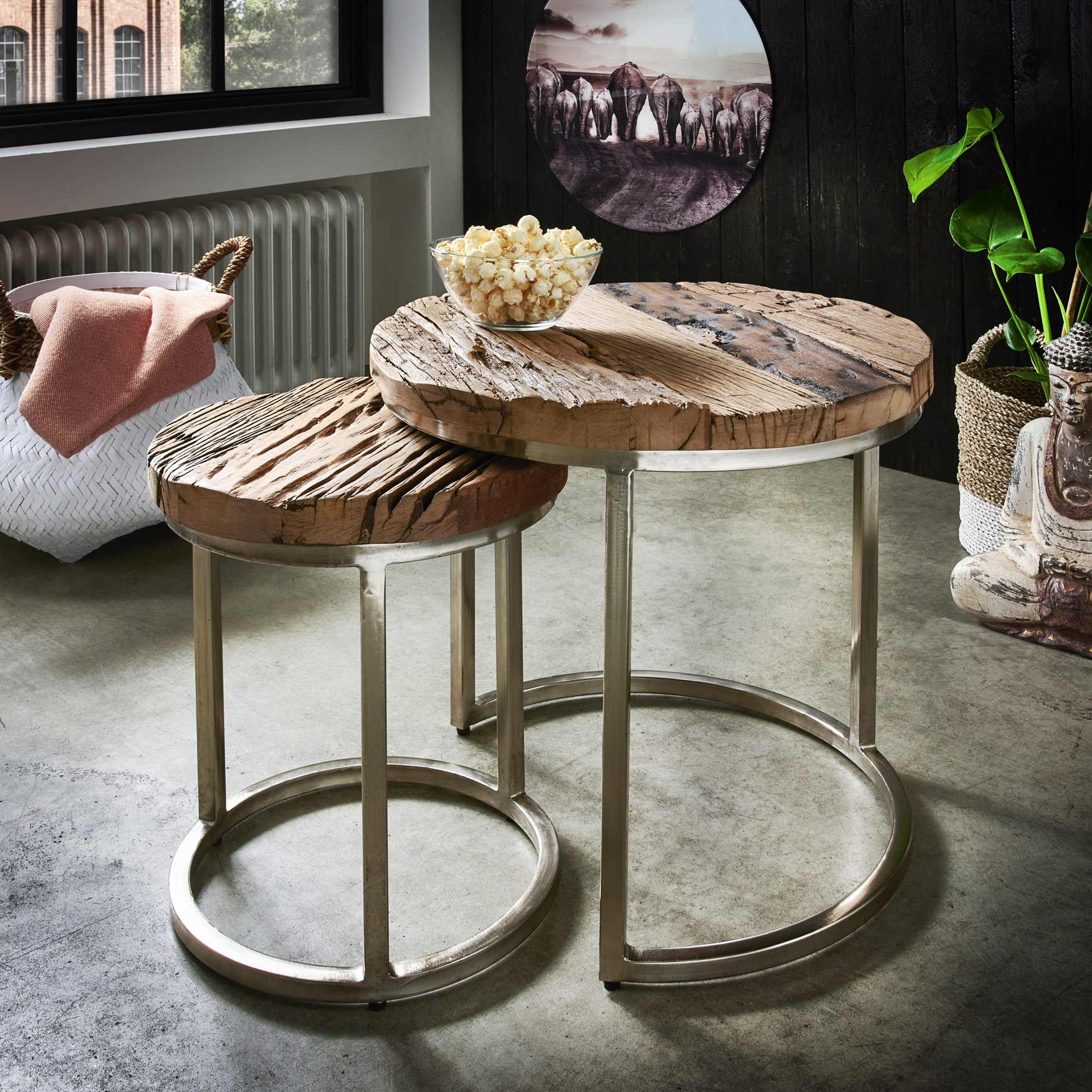 Beistelltische TIC | 2-er Set rund | recyceltes Altholz und Eisen natur