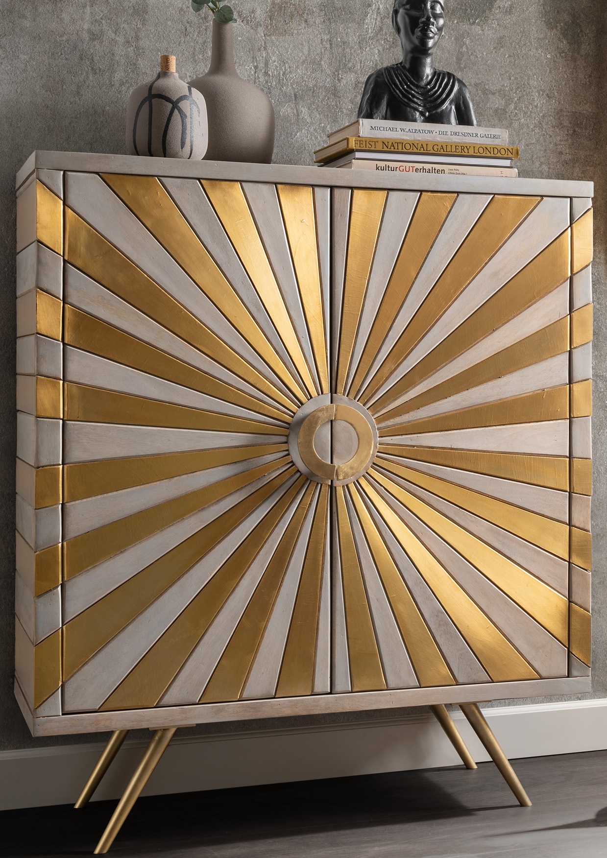 Kommode SUN | 2-türig | Mangoholz grau/Metall gold | 94 cm breit