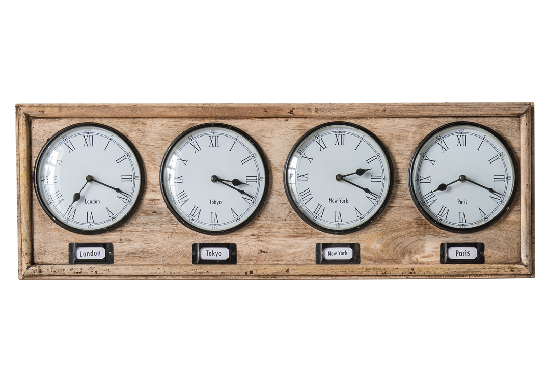 Wanduhr WELTZEIT mit 4 Zeitzonen | recyeltes Mangoholz | ca. 79 cm / 25 cm hoch