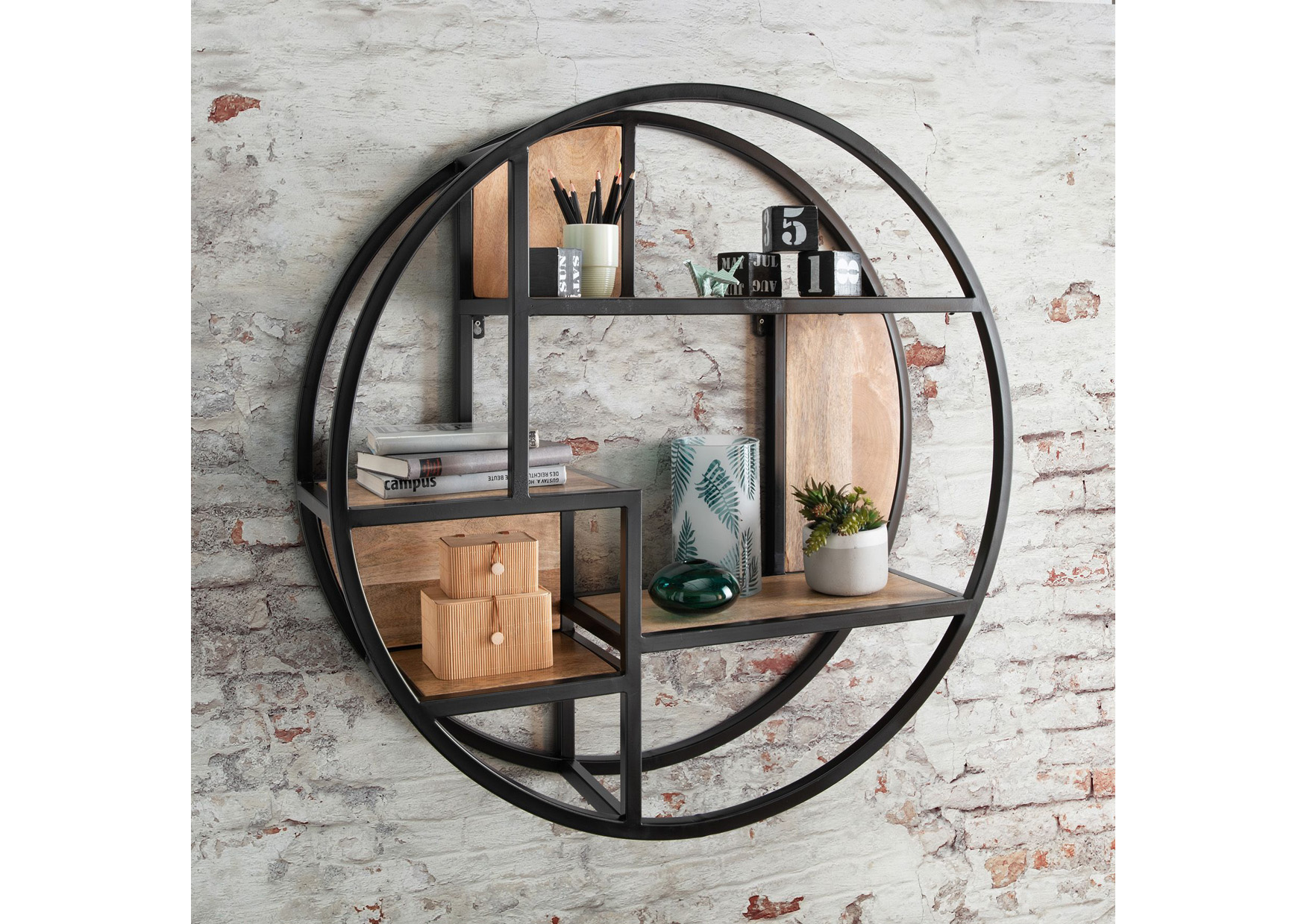 Wandregal CIRCLE | rund ca. 90 cm | Mangoholz natur | Eisen schwarz