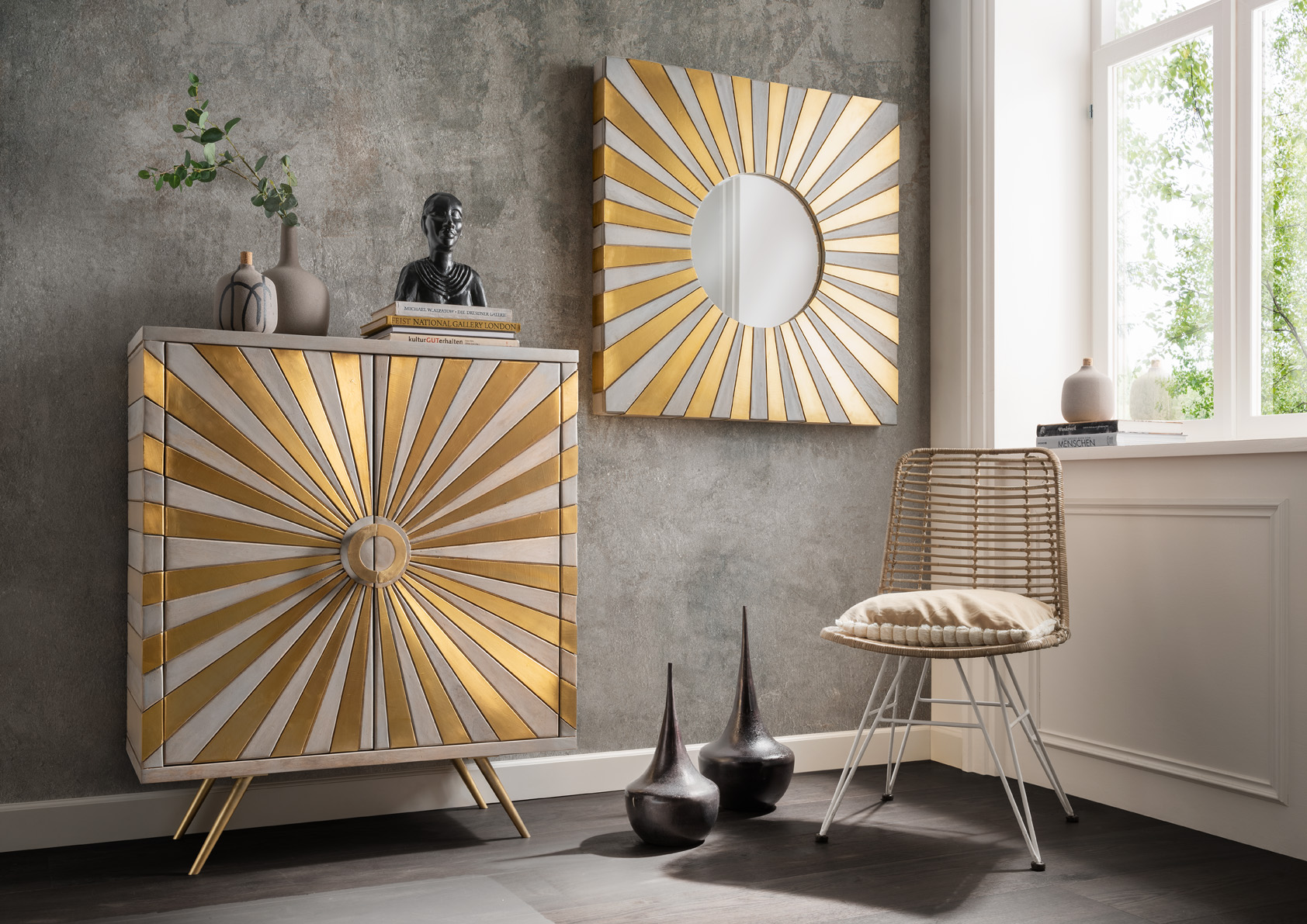 Kommode SUN | 2-türig | Mangoholz grau/Metall gold | 94 cm breit
