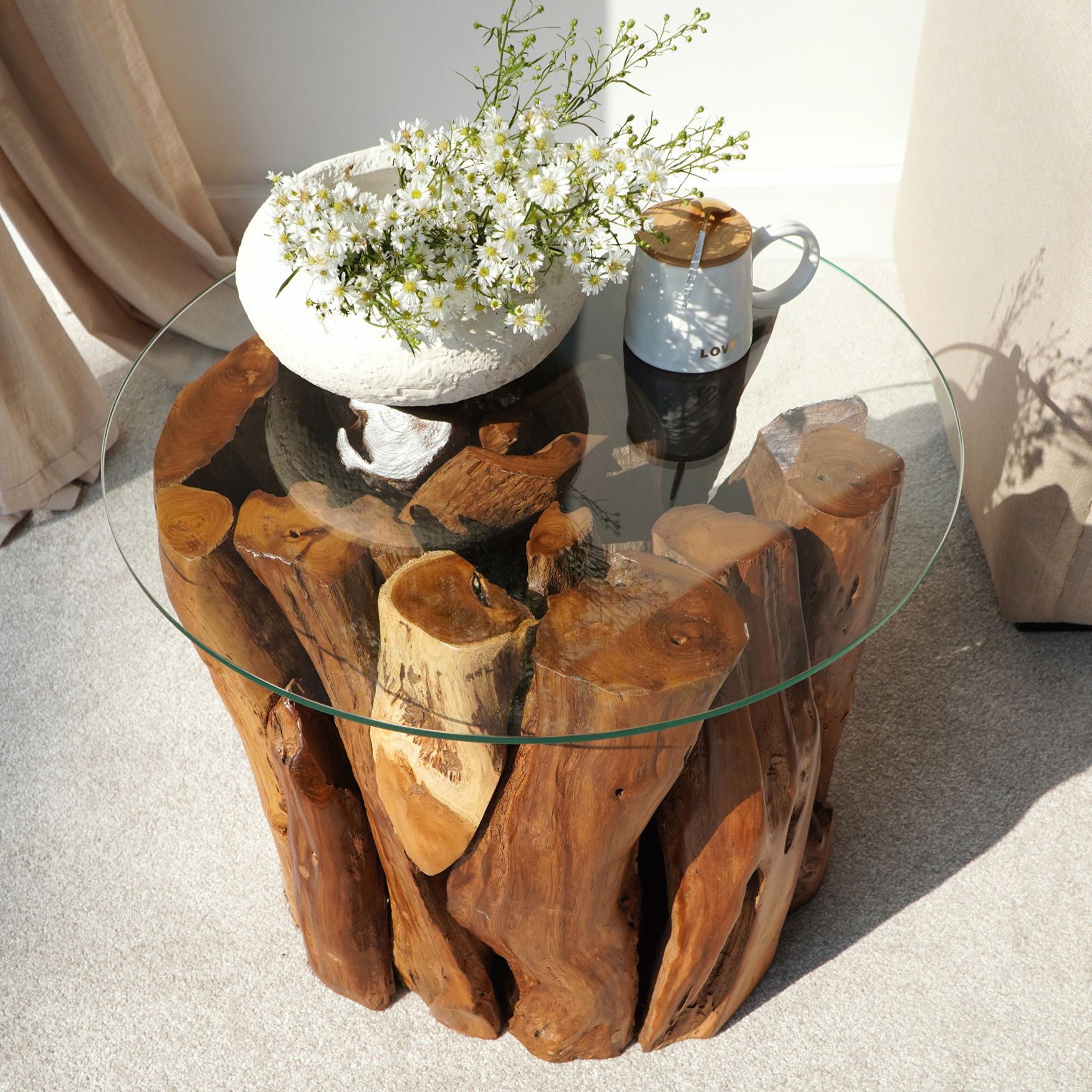 Beistelltisch SOLO | recyceltes Teakholz | 50 cm Glas rund