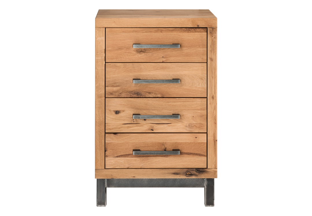 Kommode BREST | 4 Schubladen | Wildeiche massiv mit Wuchsrissen, natur geölt / Eisen vintage-schwarz
