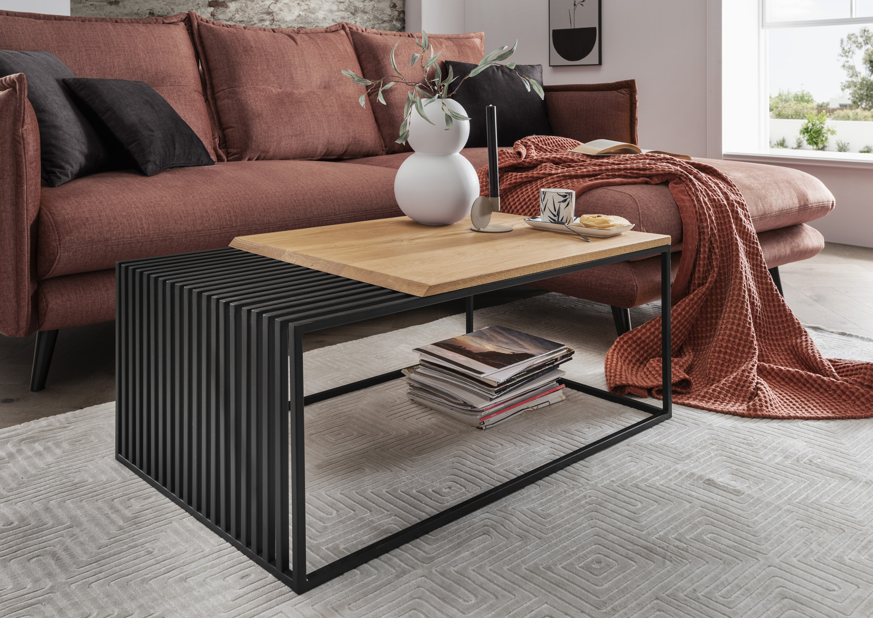 Couchtisch PAUL | 100 x 60 cm | Wildeiche massiv | Metall schwarz