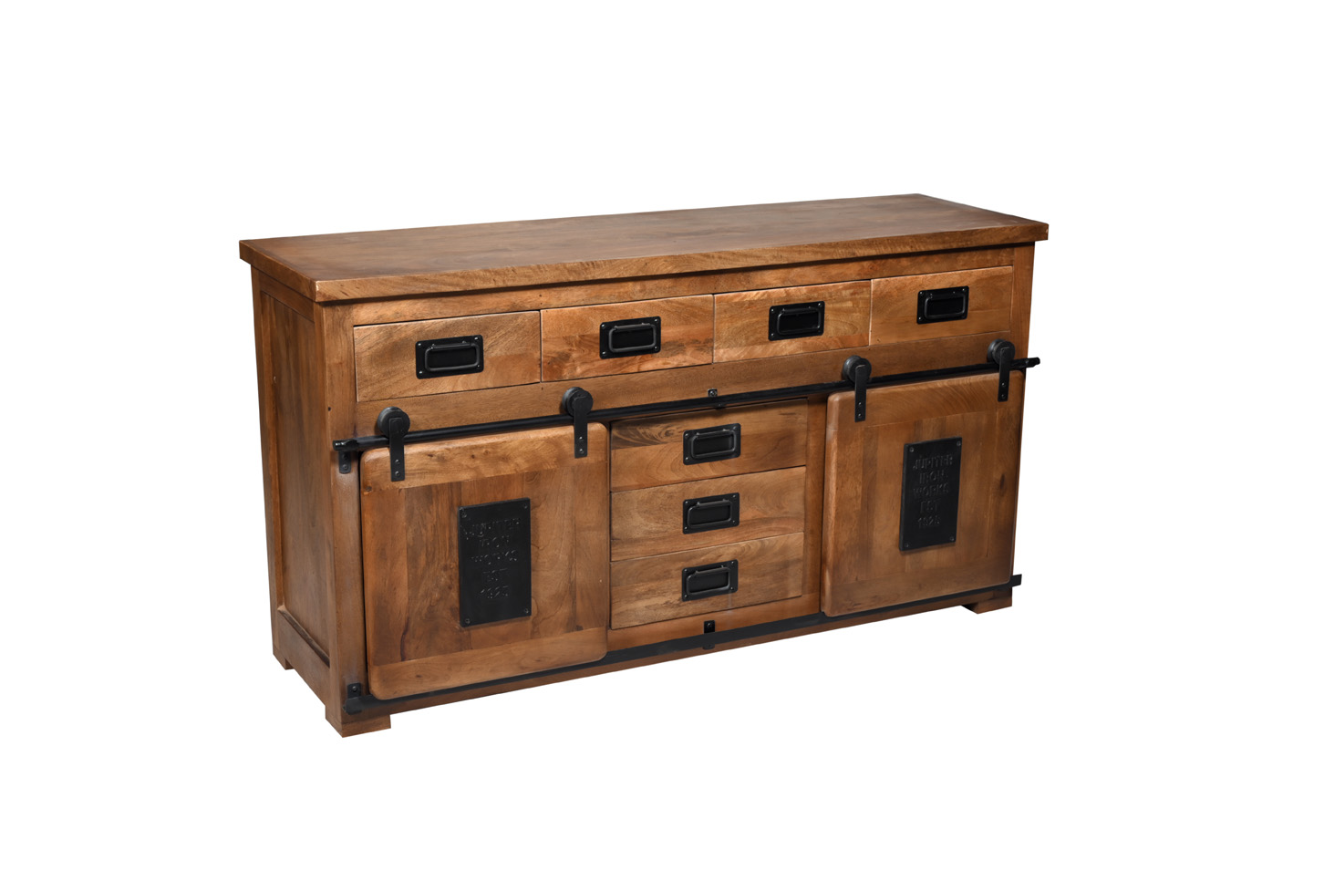 Sideboard MARK Nr.1 | Mango massiv / Metall schwarz | 2 Schiebetüren, 7 Schubladen | 150cm breit
