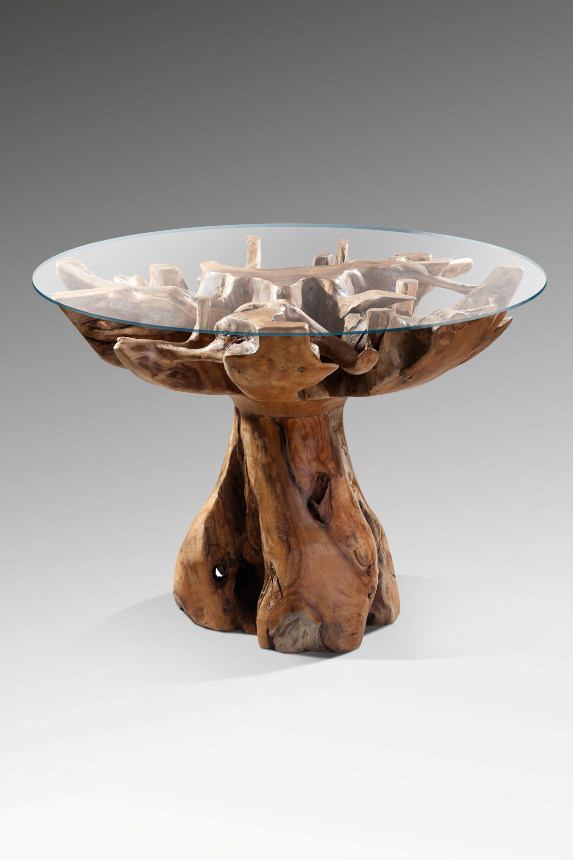 Esstisch UBOD | Teakholz-Wurzel | Glas rund 120 cm
