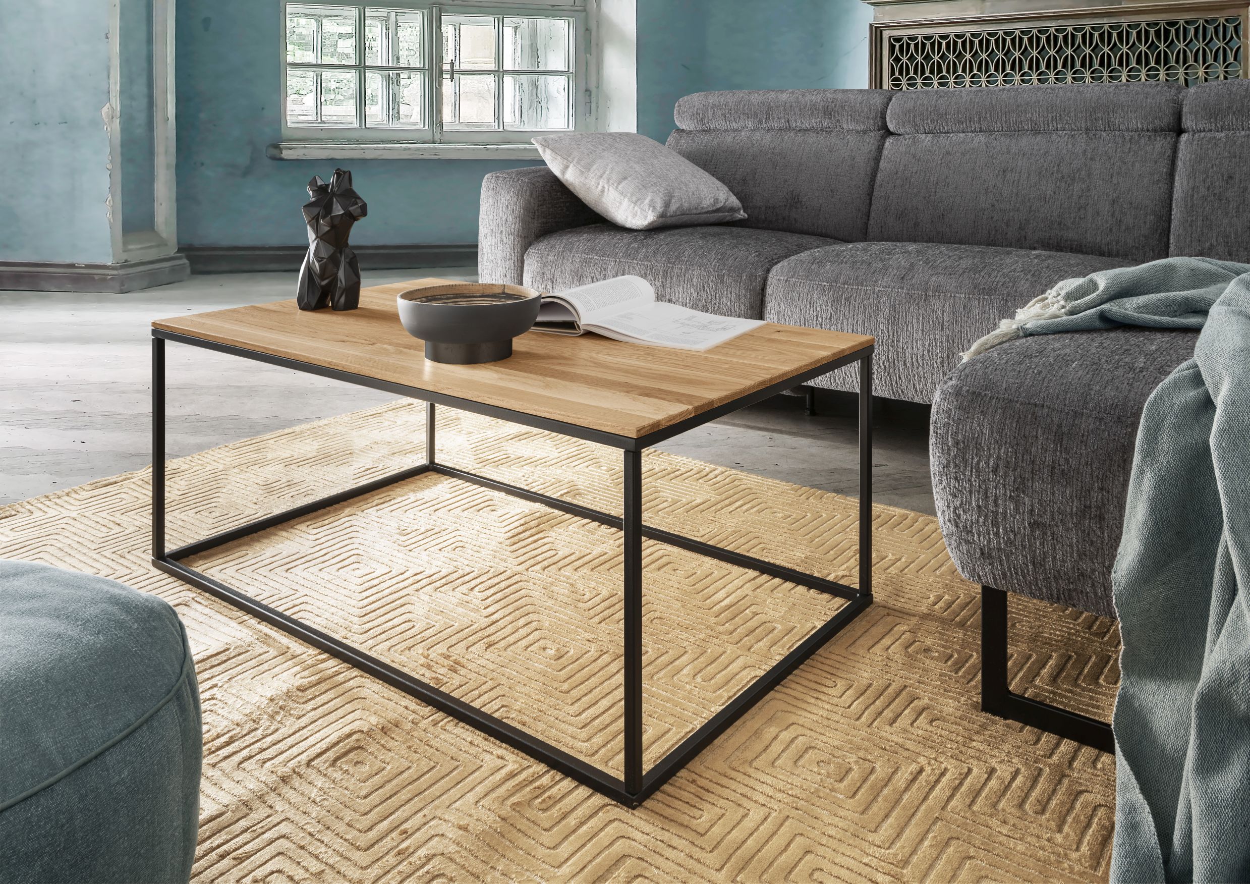 Couchtisch SASCHA | 100 x 60 cm | Wildeiche massiv | Metall schwarz