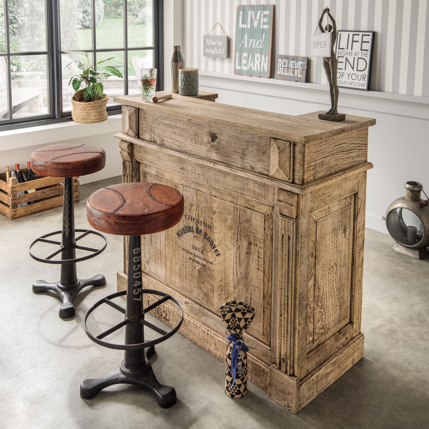 Bar/Ladentheke TASTE-2 | recyceltes Mangoholz | mit Beschriftung und Gebrauchsspuren