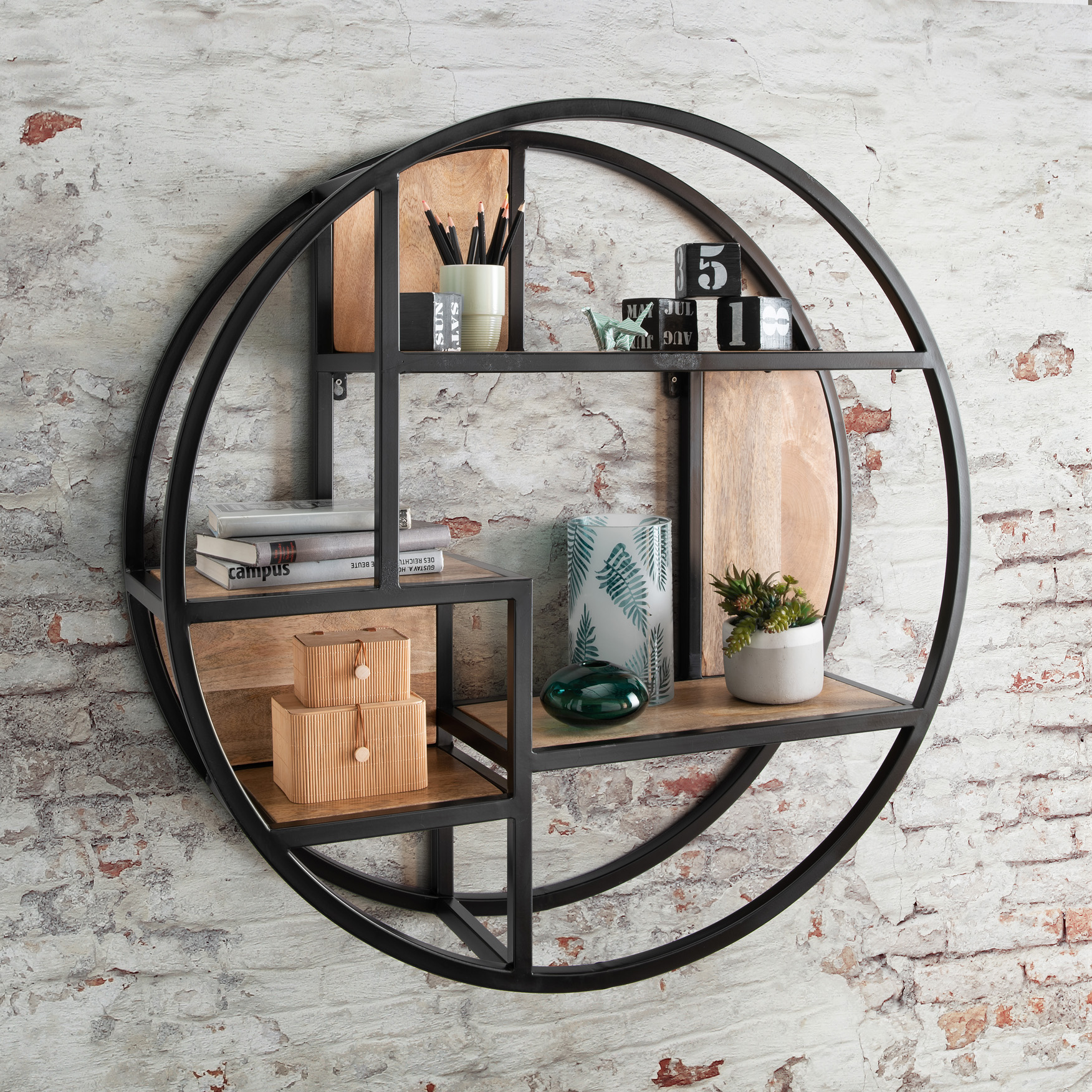 Wandregal CIRCLE | rund ca. 90 cm | Mangoholz natur | Eisen schwarz