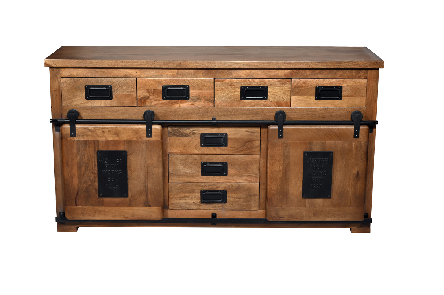 Sideboard MARK Nr.1 | Mango massiv / Metall schwarz | 2 Schiebetüren, 7 Schubladen | 150cm breit