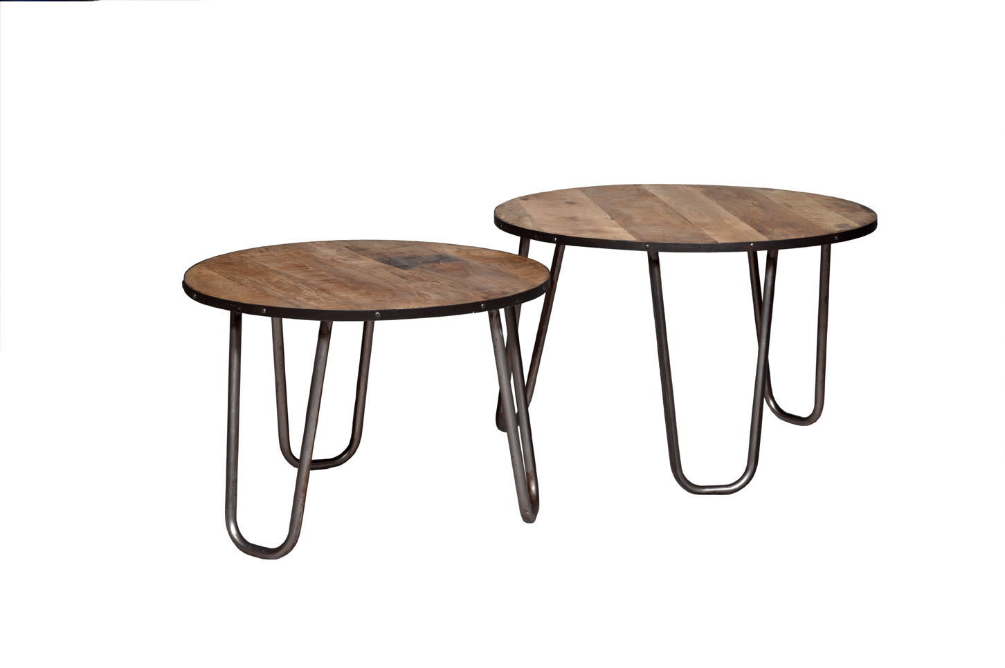 Couchtisch OSLO | 2-er Set | rund 60/70cm | Mangoholz massiv | Metall natur