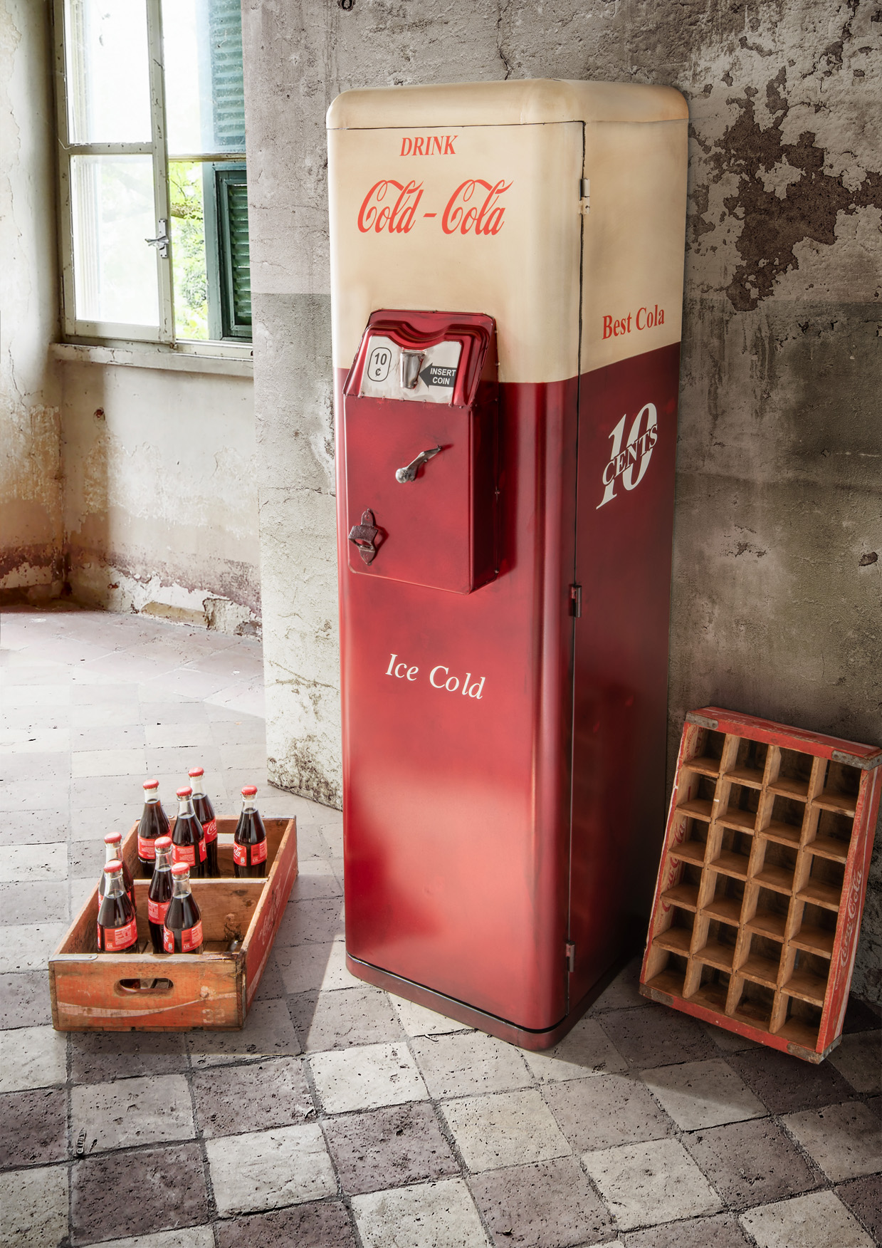 Barschrank Retro COLD-COLA-S | Metall vintage rot/weiss| B/H: ca.42 x 149 cm
